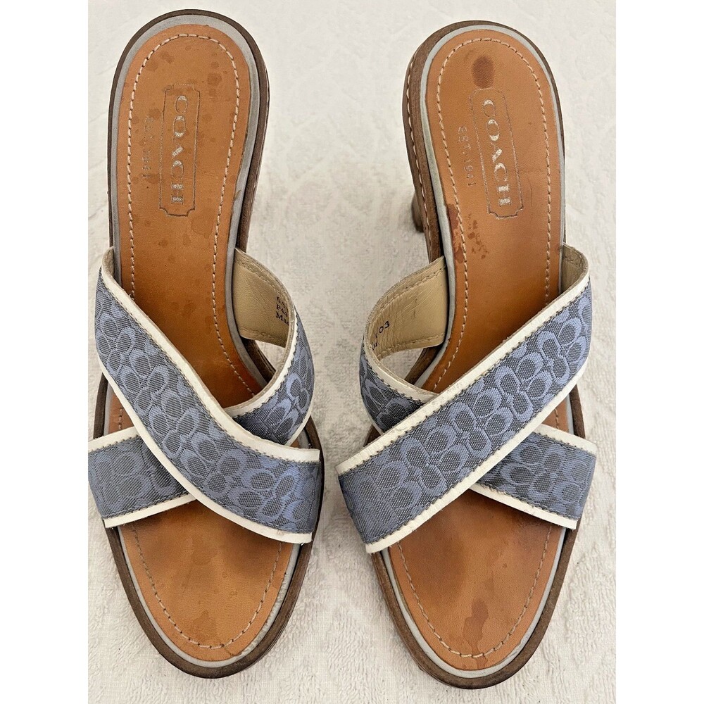 COACH Sz 6.5 Vintage Dede Signature Slide Blue-Cross Canvas Straps Block Heels